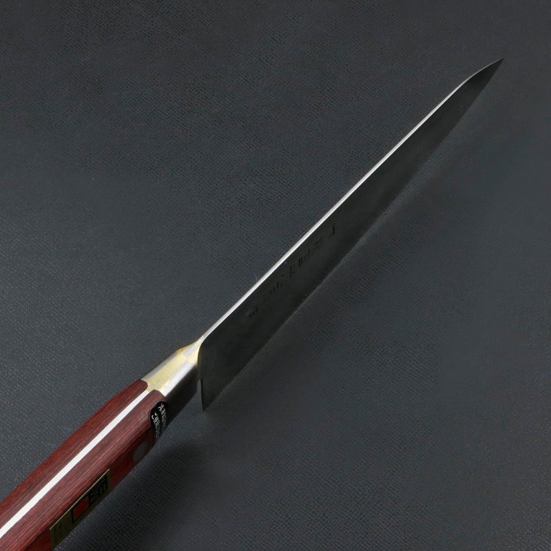 下総国光月作 牛刀 両刃 165mm　白紙1号 全鋼 真鍮ロウ付け共口金 強化パッカー柄 手研ぎ本刃付け 峰