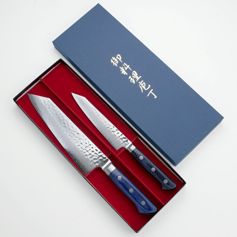包丁セット 切付型 AUS10 三層鋼 ペティ135＆三徳190 槌目青合板柄 ステン割込