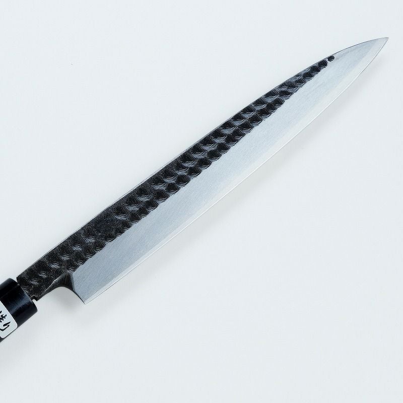 柳刃包丁 片刃 210mm 青紙2号 黒打ち槌目仕上げ カスミ研 桜柄 刺身包丁