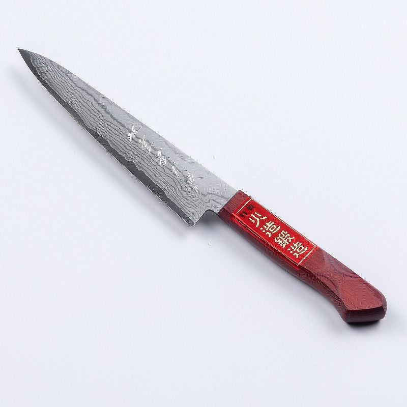 風呂敷付 重宏別作 包丁セット V金10号 ダマスカス模様 2本組 剣型包丁 両刃 180mm 黒合板柄 ペティナイフ 両刃 150mm 赤合板柄