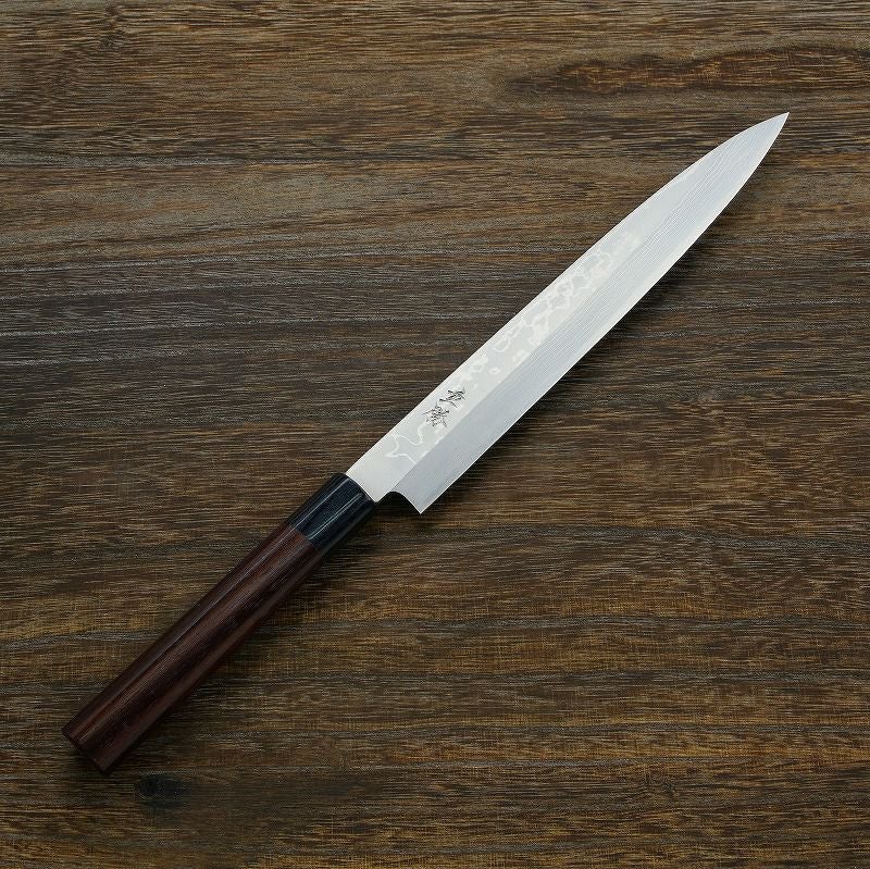 重勝 柳刃包丁 片刃 240mm 白紙鋼 鋼付 積層鋼 紫檀丸柄しのぎ付き