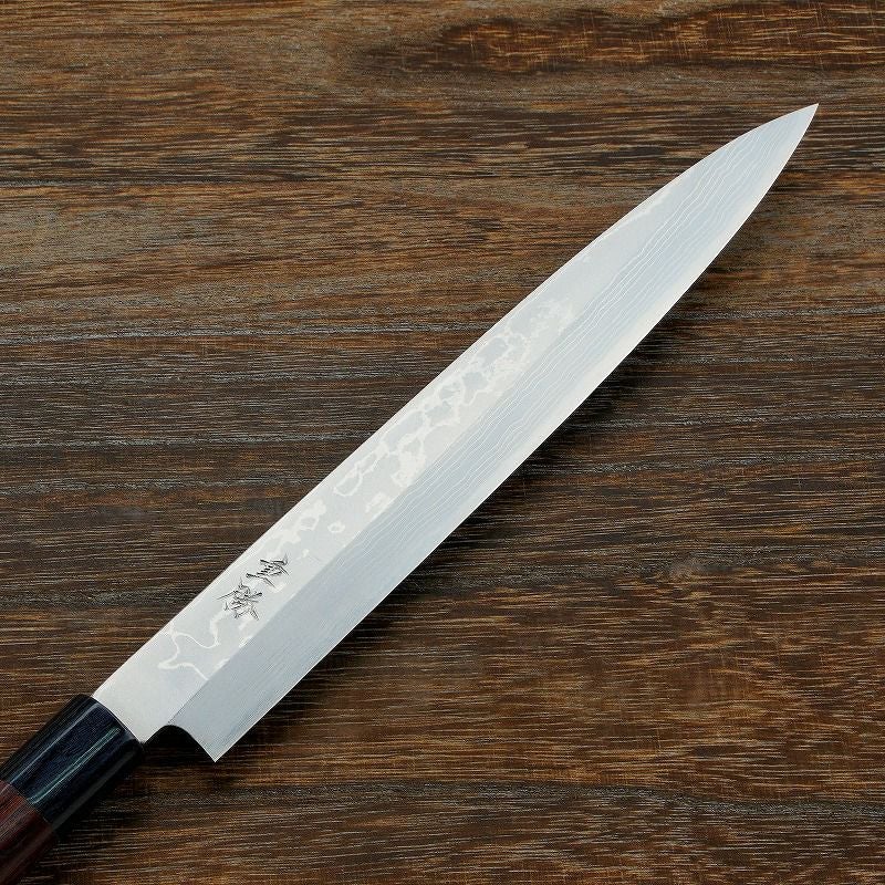 重勝 柳刃包丁 片刃 240mm 白紙鋼 鋼付 積層鋼 紫檀丸柄しのぎ付き