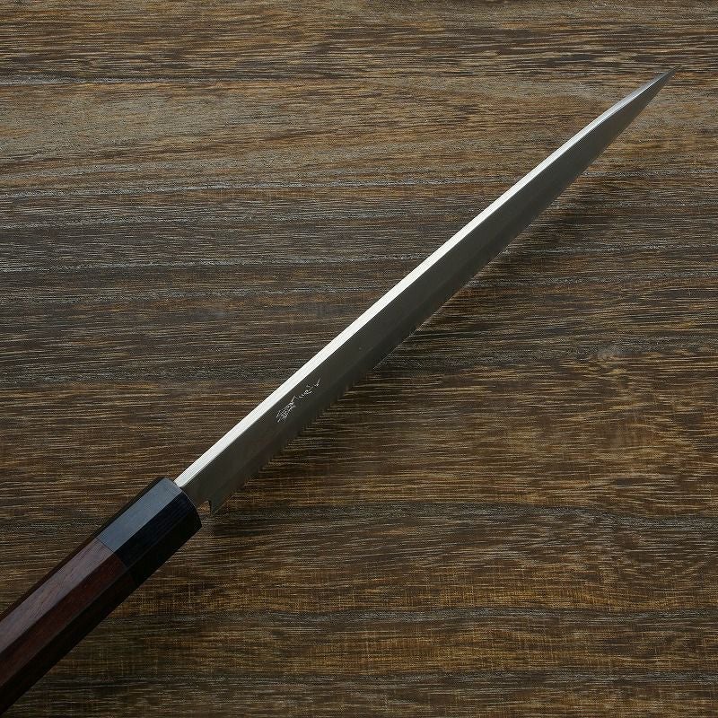 重勝 柳刃包丁 片刃 240mm 白紙鋼 鋼付 積層鋼 八角紫檀柄