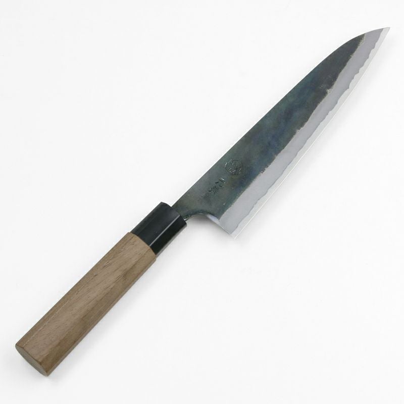 青紙1号 黒打 万能包丁 180㎜ #9327 焼柄 月光作 日本製 元兼 和牛刀 180mm 両刃 青紙1号 割込み 黒打ち仕上げ 八角クルミ柄