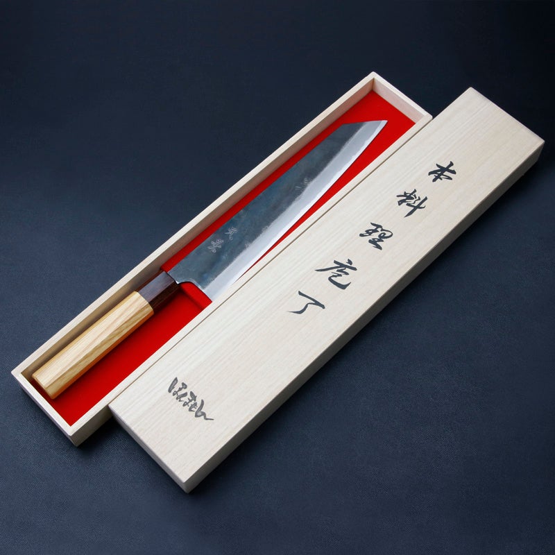 元兼 切付型 和牛刀 240mm 両刃 青紙1号 割込み 黒打ち仕上げ ケヤキ柄 木箱入り 極上品 土佐打ち刃物