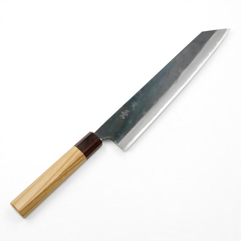 元兼 切付型 和牛刀 240mm 両刃 青紙1号 割込み 黒打ち仕上げ ケヤキ柄 木箱入り 極上品 土佐打ち刃物