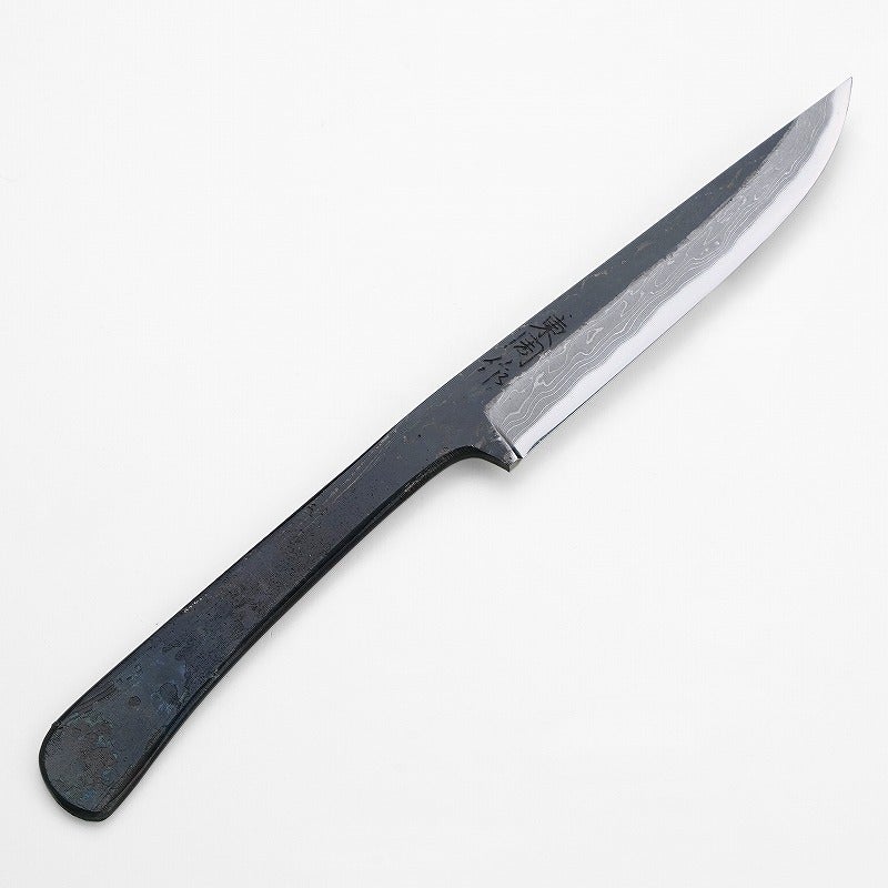 東周作 共柄剣鉈 130mm 黒打ちダマスカス 土佐 アウトドアナイフ 全体 黒本皮ケース付き