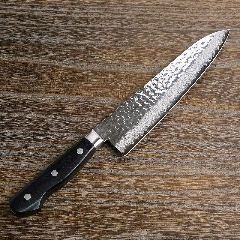 牛刀 両刃 210mm V金10号 割込み ステンレス 磨き槌目ダマスカス17層