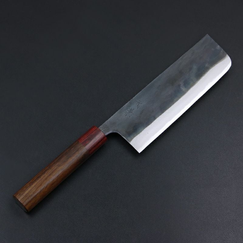 元兼 菜切り包丁 165mm 両刃 青紙スーパー 割込み 黒打ち仕上げ 紫檀