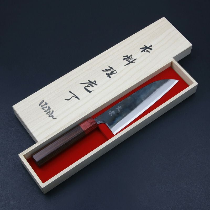 元兼 三徳包丁 170mm 両刃 青紙スーパー 割込み 黒打ち仕上げ 赤口輪紫檀八角柄 木箱入り 土佐打ち刃物 極上品 木箱入り