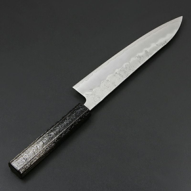重勝 和牛刀 両刃 210mm 銀三ステンレス 梨地 暗銀漆柄 裏