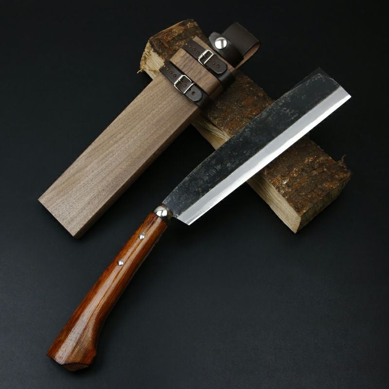 東周作 最高級 黒打腰鉈 両刃240mm 白紙鋼 ウォルナット鞘 鞘付き 全体