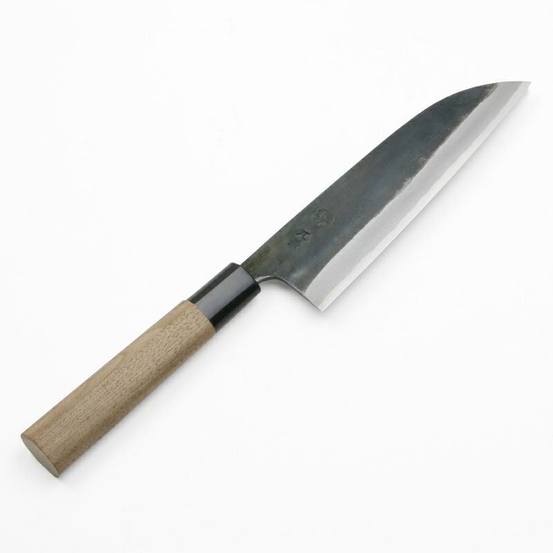 青紙1号 黒打 三徳包丁 165㎜ G1226 焼柄 月光作 元兼 三徳包丁 165mm 両刃 青紙1号 割込み 黒打ち仕上げ クルミ柄 土佐