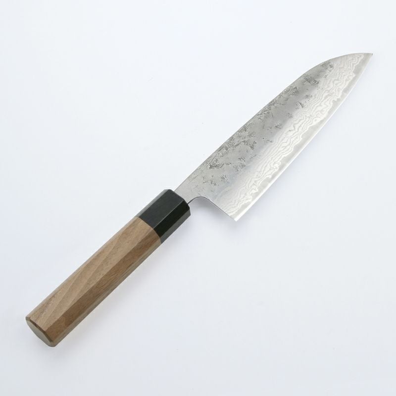 三徳包丁 165mm 両刃 スウェーデン鋼 和紙地 33層ダマスカス模様 八角クルミ柄 全体