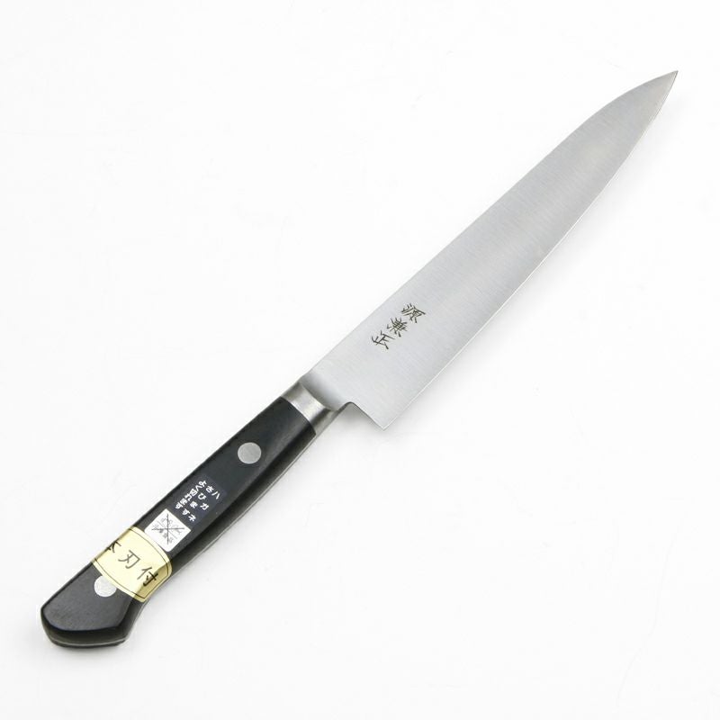 源 兼正 ペティ 両刃 150mm 全鋼 共口金付き 黒合板柄 本刃付仕様