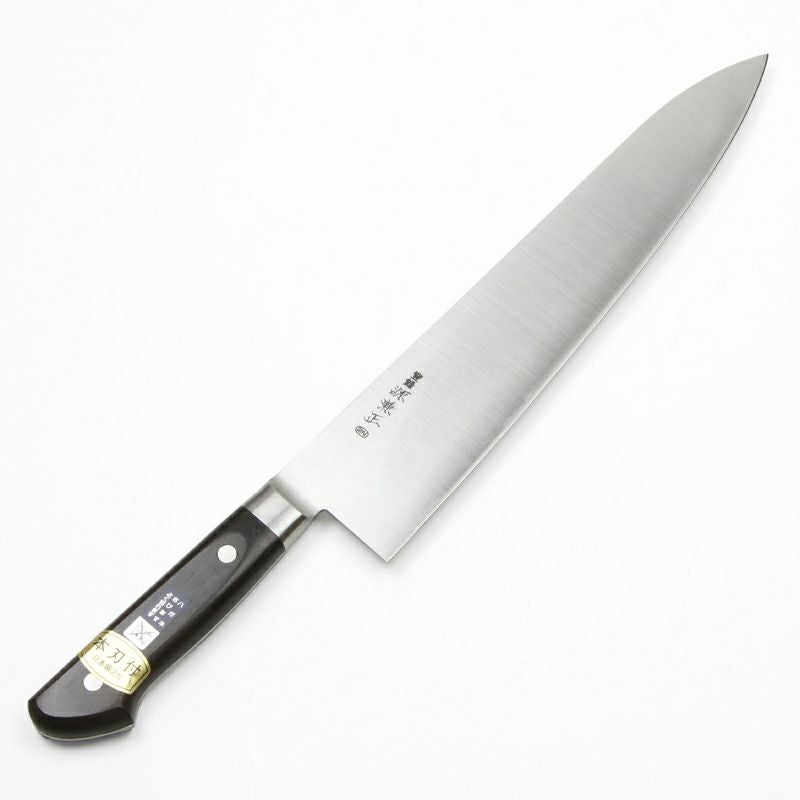 兼元作　全鋼牛刀　刃渡り9寸 源 兼正 牛刀 両刃 270mm 全鋼 共口金付き 黒合板柄 本刃付仕様（長期