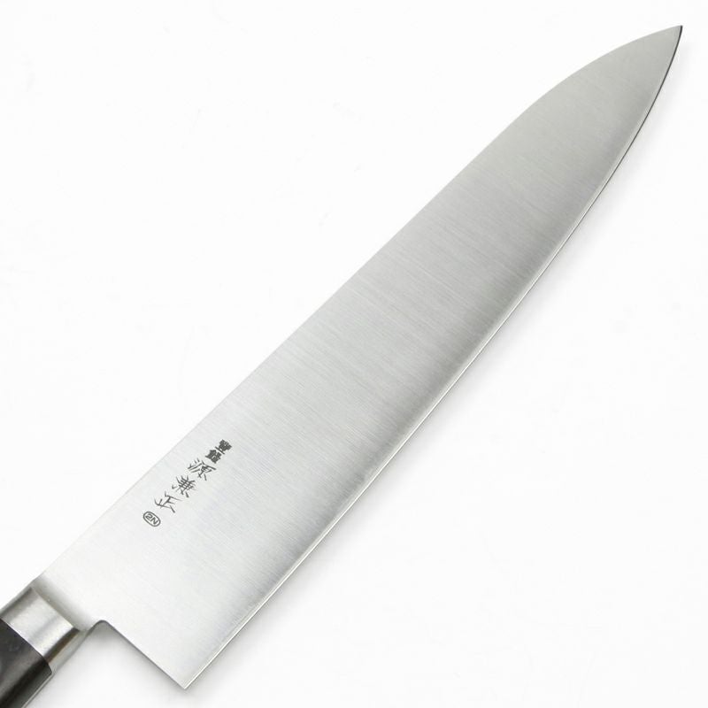 源 兼正 牛刀 両刃 270mm 全鋼 口金付き 黒合板柄 本刃付仕様 刃先