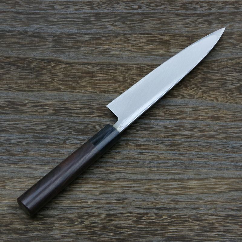 重勝 貝裂き包丁 片刃 150mm 白紙鋼 鋼付 積層鋼 八角紫檀柄 裏