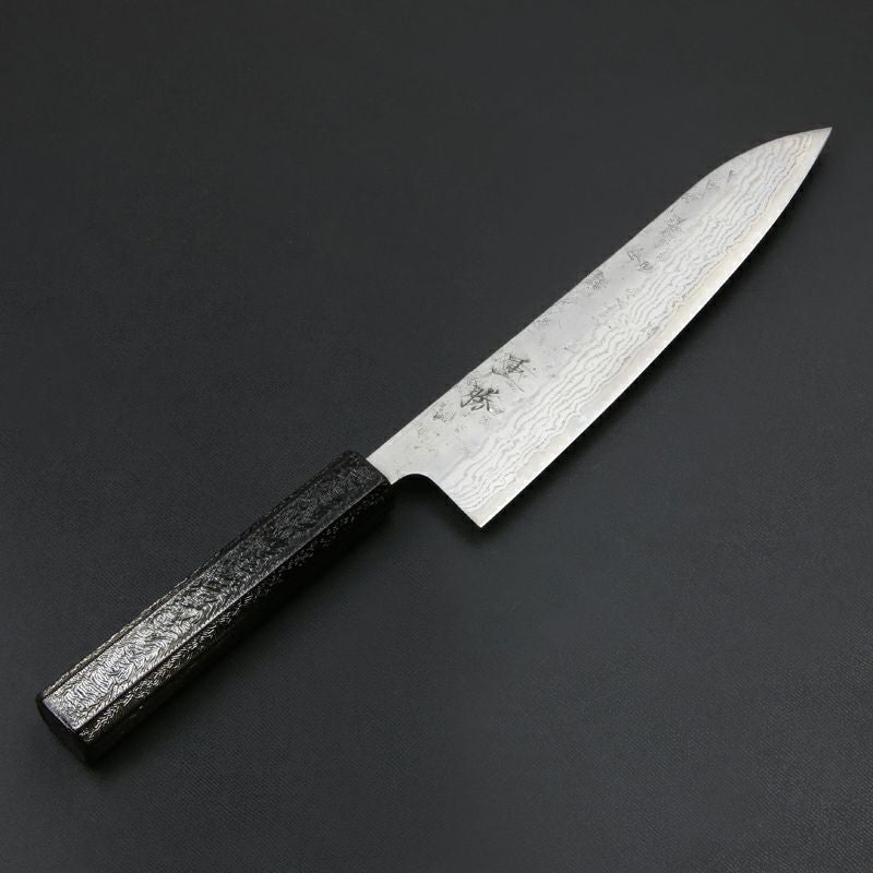 和牛刀 210mm 両刃 スウェーデン鋼 和紙地 33層ダマスカス模様 暗銀漆柄 全体