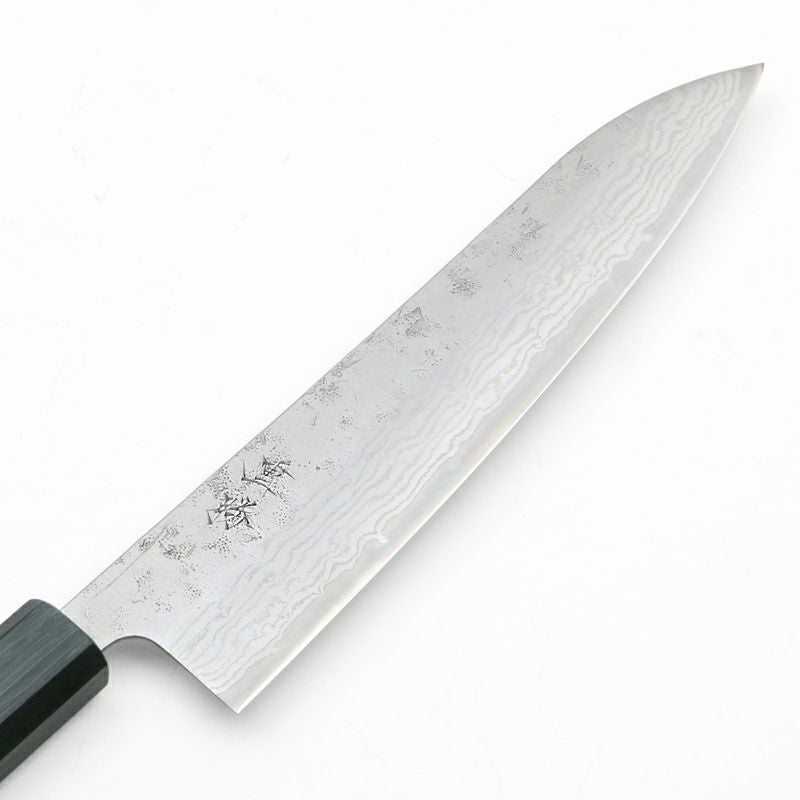 重勝 和牛刀 210mm 両刃 スウェーデン鋼 和紙地 33層ダマスカス模様  燦藍柄 刃