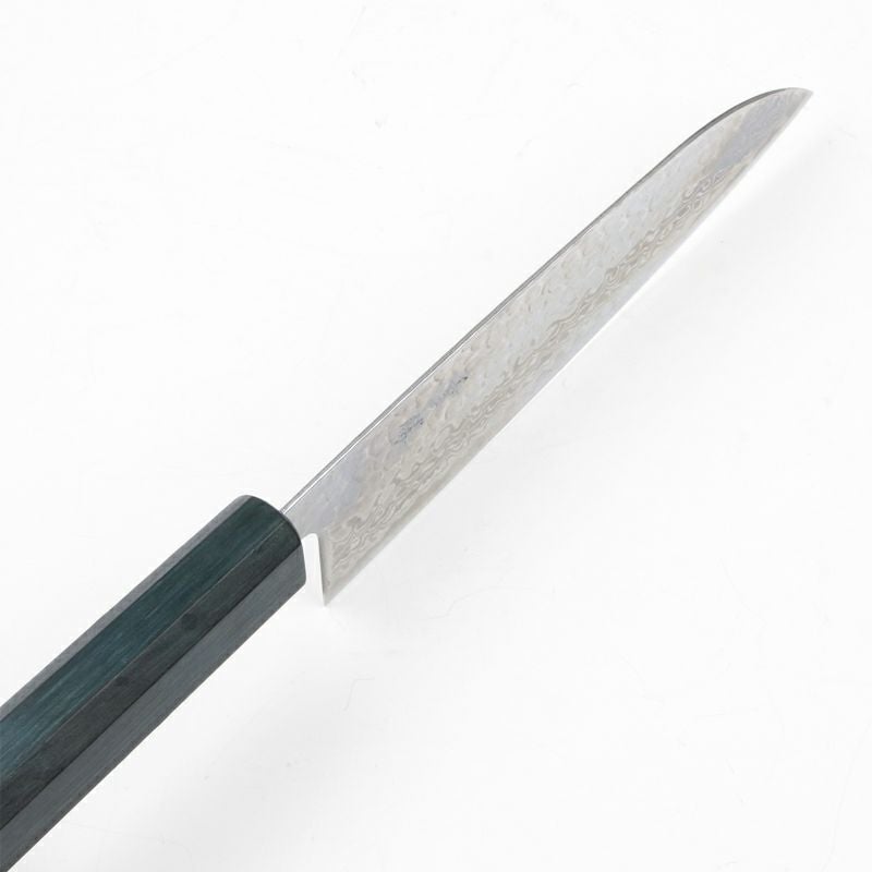 重勝 三徳包丁 165mm 両刃 銀三ステンレス 月白 槌目 33層ダマスカス模様 燦藍柄 峰