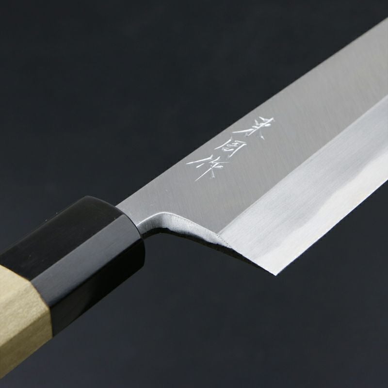 東周作 鰻裂き包丁 片刃 165mm 江戸裂き 関東型 青紙2号 付け鋼 磨き仕上 八角水牛柄 拡大