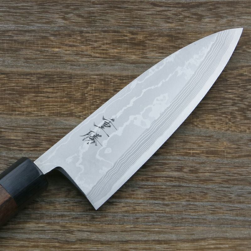 重勝 出刃包丁 片刃 180mm 白紙鋼 鋼付 積層鋼 八角紫檀柄 刃先