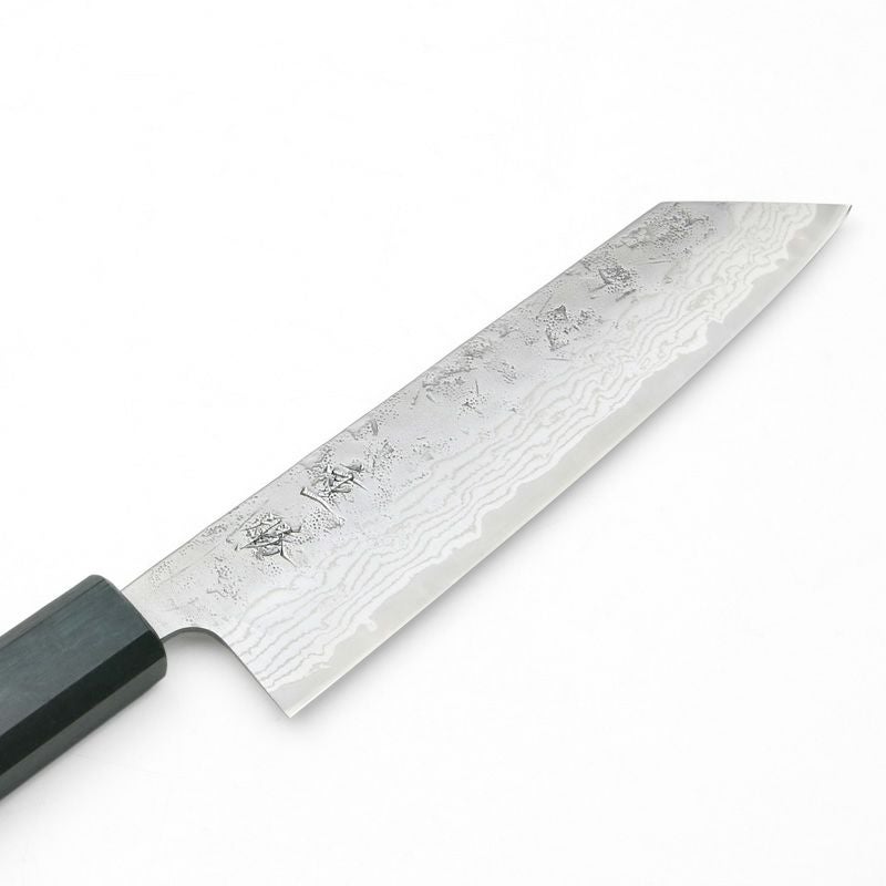 重勝 文化包丁 170mm 両刃 スウェーデン鋼 和紙地 33層ダマスカス模様 八角燦藍柄 刃先