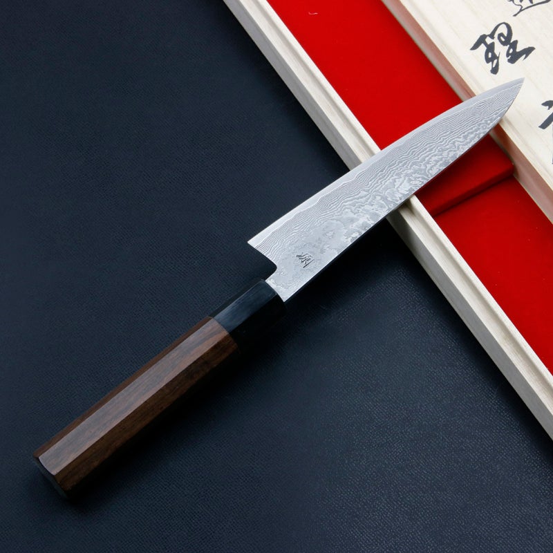 誠貴作 春風 和ペティナイフ 両刃 135mm 粉末ハイス積層鋼 ダマスカス模様 水牛八角ウォルナット柄 木箱入り 裏