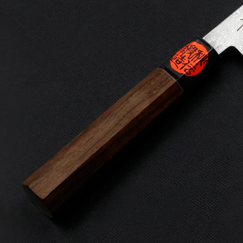 誠貴作 春風 和ペティナイフ 両刃 135mm 粉末ハイス積層鋼 ダマスカス模様 水牛八角ウォルナット柄 木箱入り 柄