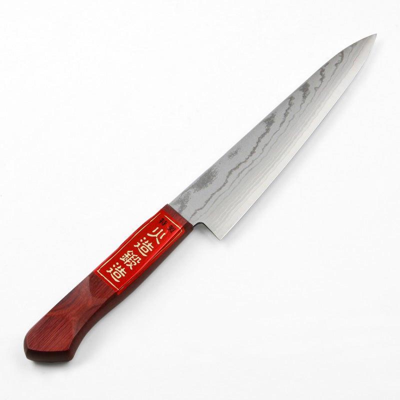 ペティナイフ 両刃 150mm V金10号 ステンレス ダマスカス模様 赤柄 規格外品 全体