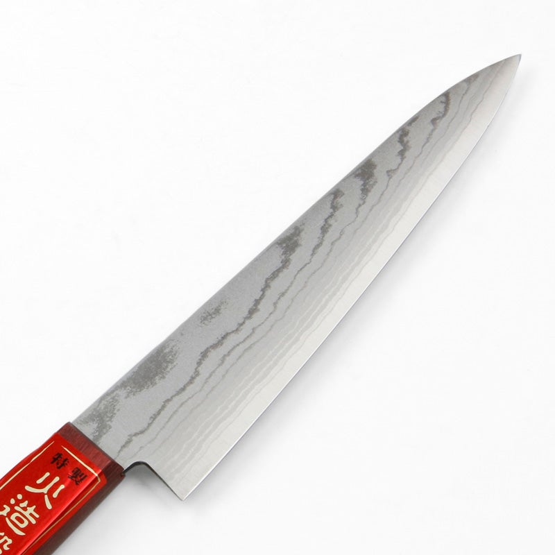ペティナイフ 両刃 150mm V金10号 ステンレス ダマスカス模様 赤柄 規格外品 刃先