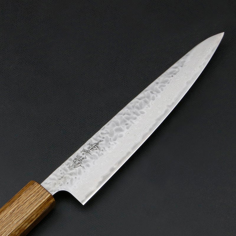 重勝 ペティナイフ 両刃 150mm AUS10 ステンレス 槌目 ダマスカス仕様 暗銀漆柄 刃