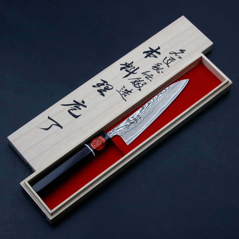 誠貴作 羽々斬 ペティナイフ 両刃 135mm 粉末積層鋼 ダマスカス模様 黒檀柄 木箱入り 全体