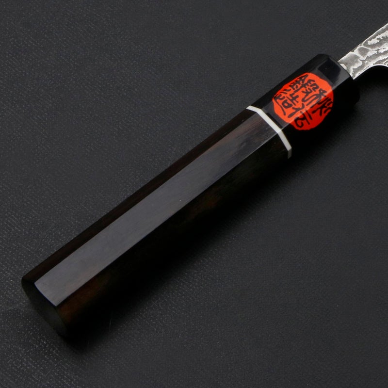 誠貴作 羽々斬 ペティナイフ 両刃 135mm 粉末積層鋼 ダマスカス模様 黒檀柄 木箱入り 柄