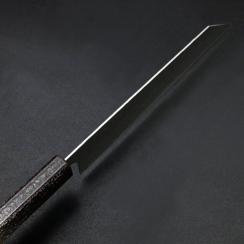 重勝 切付型 和牛刀 両刃 210mm 銀三ステンレス 梨地 暗銀漆柄 峰