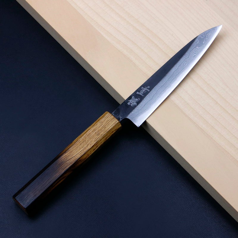 重勝 ペティナイフ 両刃 210mm 青紙2号 31層 ダマスカス模様 黒打ち仕上げ 焼き漆八角柄 全体