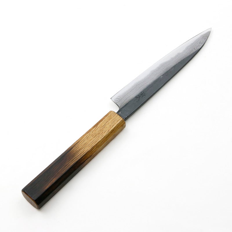 重勝 ペティナイフ 両刃 210mm 青紙2号 31層 ダマスカス模様 黒打ち仕上げ 焼き漆八角柄 裏