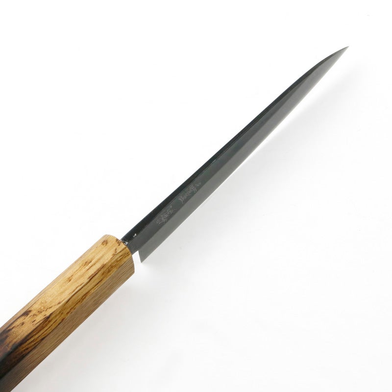 重勝 ペティナイフ 両刃 210mm 青紙2号 31層 ダマスカス模様 黒打ち仕上げ 焼き漆八角柄 峰