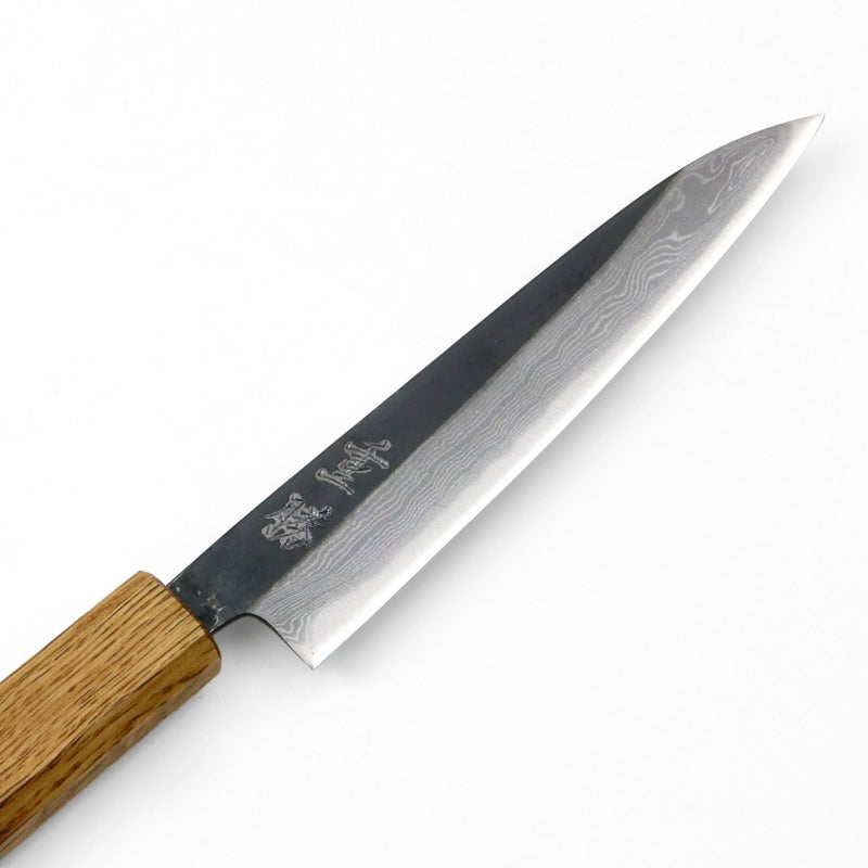 重勝 ペティナイフ 両刃 210mm 青紙2号 31層 ダマスカス模様 黒打ち仕上げ 焼き漆八角柄 刃