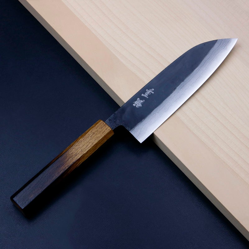 重勝 三徳包丁 両刃 165mm 青紙2号 31層 ダマスカス模様 黒打ち仕上げ