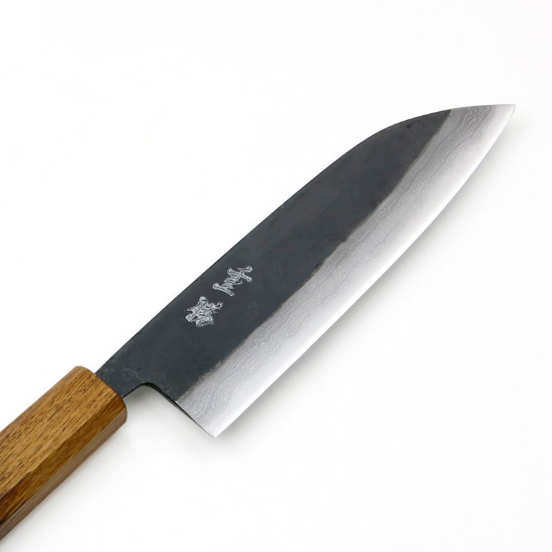 重勝 三徳包丁 両刃 165mm 青紙2号 31層 ダマスカス模様 黒打ち仕上げ 焼き漆八角柄 刃