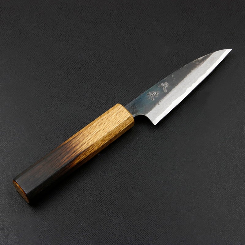 元兼 ペティナイフ 90mm 両刃 青紙スーパー 割込み 黒打ち仕上げ 焼き漆柄 土佐打ち刃物 極上品 全体
