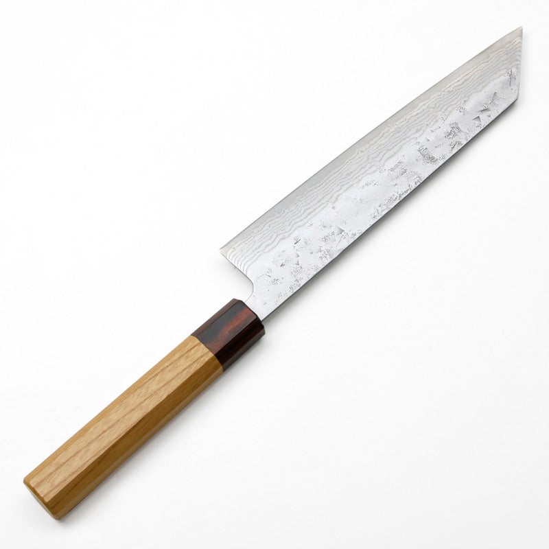 切付型 牛刀 210mm 両刃 スウェーデン鋼 和紙地 33層ダマスカス模様 八角ケヤキ柄 裏