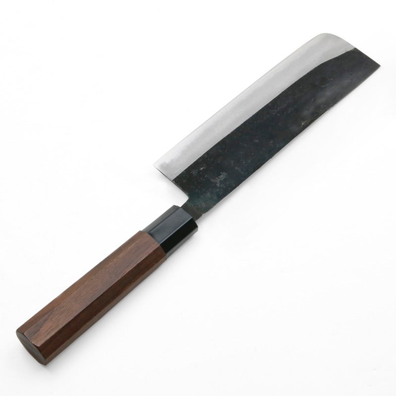 菜切り包丁 165mm 両刃 青紙2号 割込み 黒打ち仕上げ 八角クルミ柄 裏