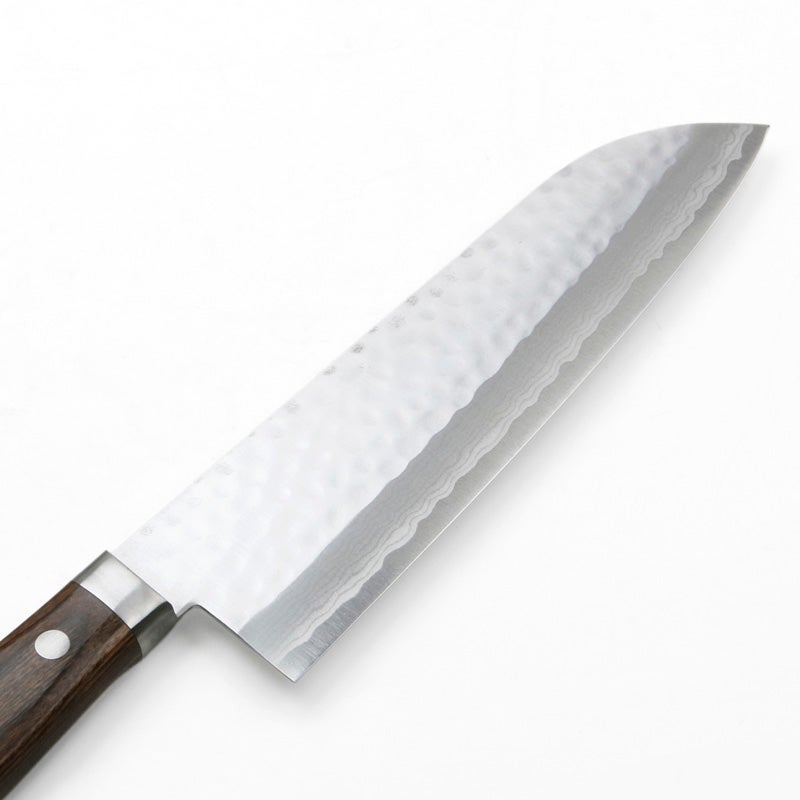 三徳包丁 165mm 両刃 V金10号 割込み 槌目ダマスカス17層  口金付き スコッチ柄 刃