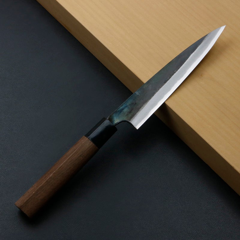 柳刃包丁 150mm 両刃 青紙スーパー 割込み 黒打ち仕上げ クルミ柄 規格外品 全体