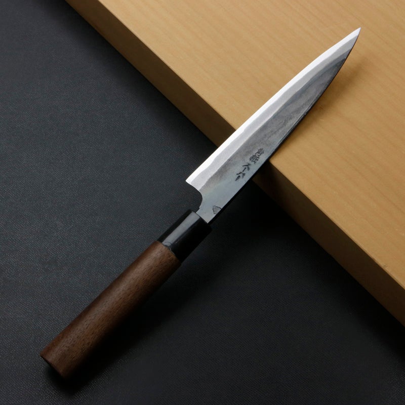 柳刃包丁 150mm 両刃 青紙スーパー 割込み 黒打ち仕上げ クルミ柄 規格外品 裏
