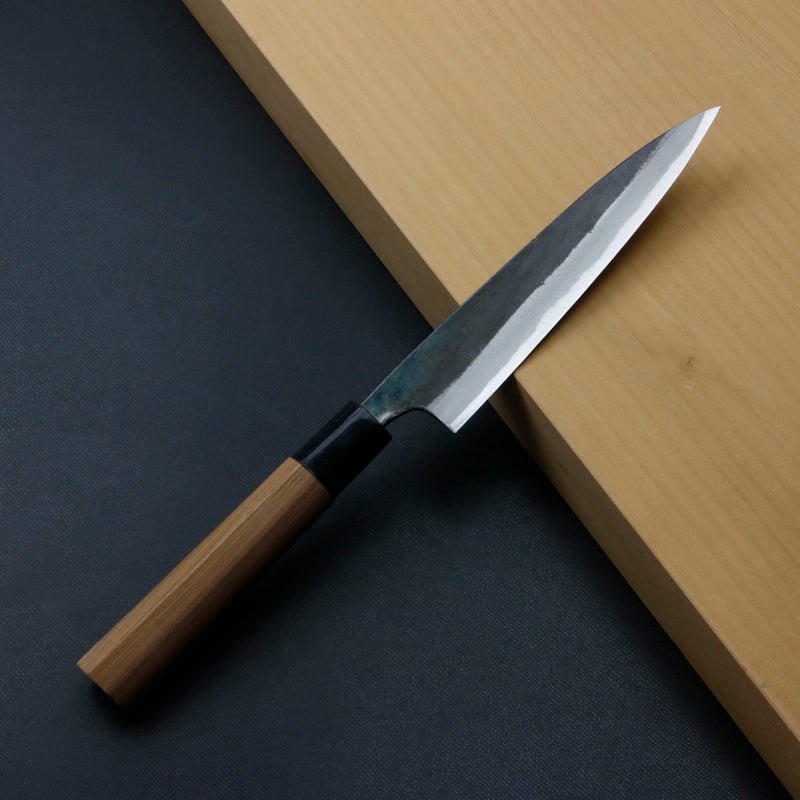 柳刃包丁 150mm 両刃 青紙スーパー 割込み 黒打ち仕上げ クルミ柄 規格外品 全体