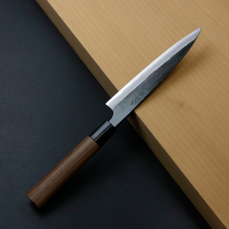 柳刃包丁 150mm 両刃 青紙スーパー 割込み 黒打ち仕上げ クルミ柄 規格外品 裏